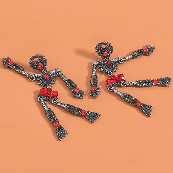 Skeleton Black n Red Rhinestone Earrings Halloween Silver Skull CZ Skeletons New - Picture 2 of 3
